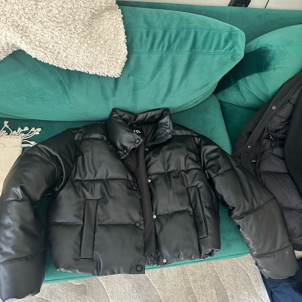 Zara Faux Leather Cropped Puffer Jacket Gem